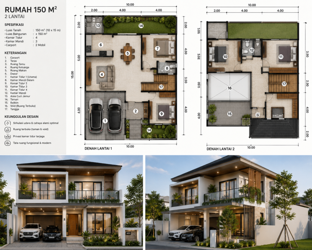 Denah dan fasad rumah 150 meter persegi
